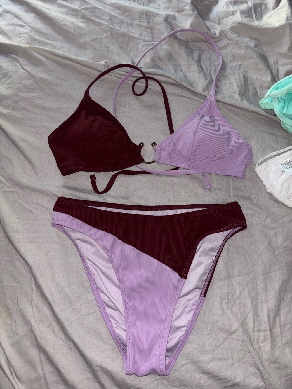Cupshe Lavender and Burgundy Two-Tone Ribbed Bikini Set